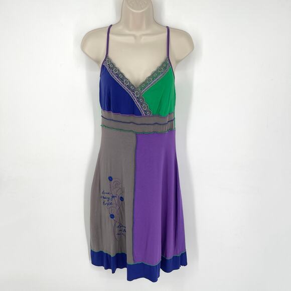 Kessley NEW Mixed Media Patchwork Dress Sz M Lace Embroidered Purple Green Gray - Picture 1 of 12